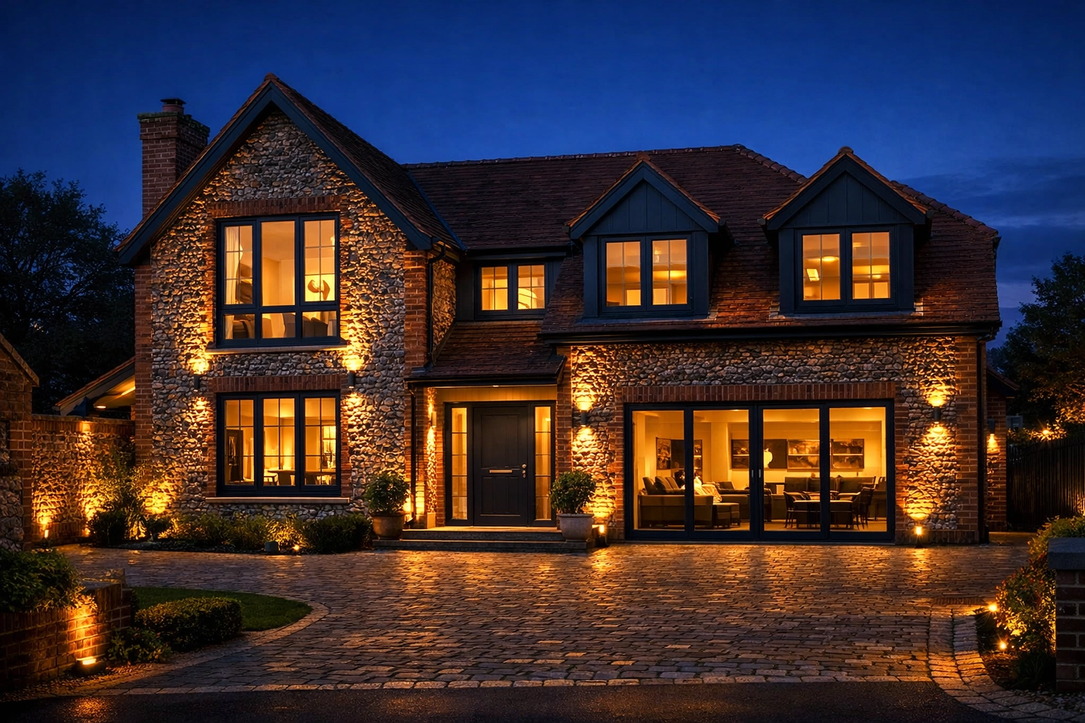 Completed two-storey bungalow transformation in Arundel featuring traditional flint stone and modern windows.