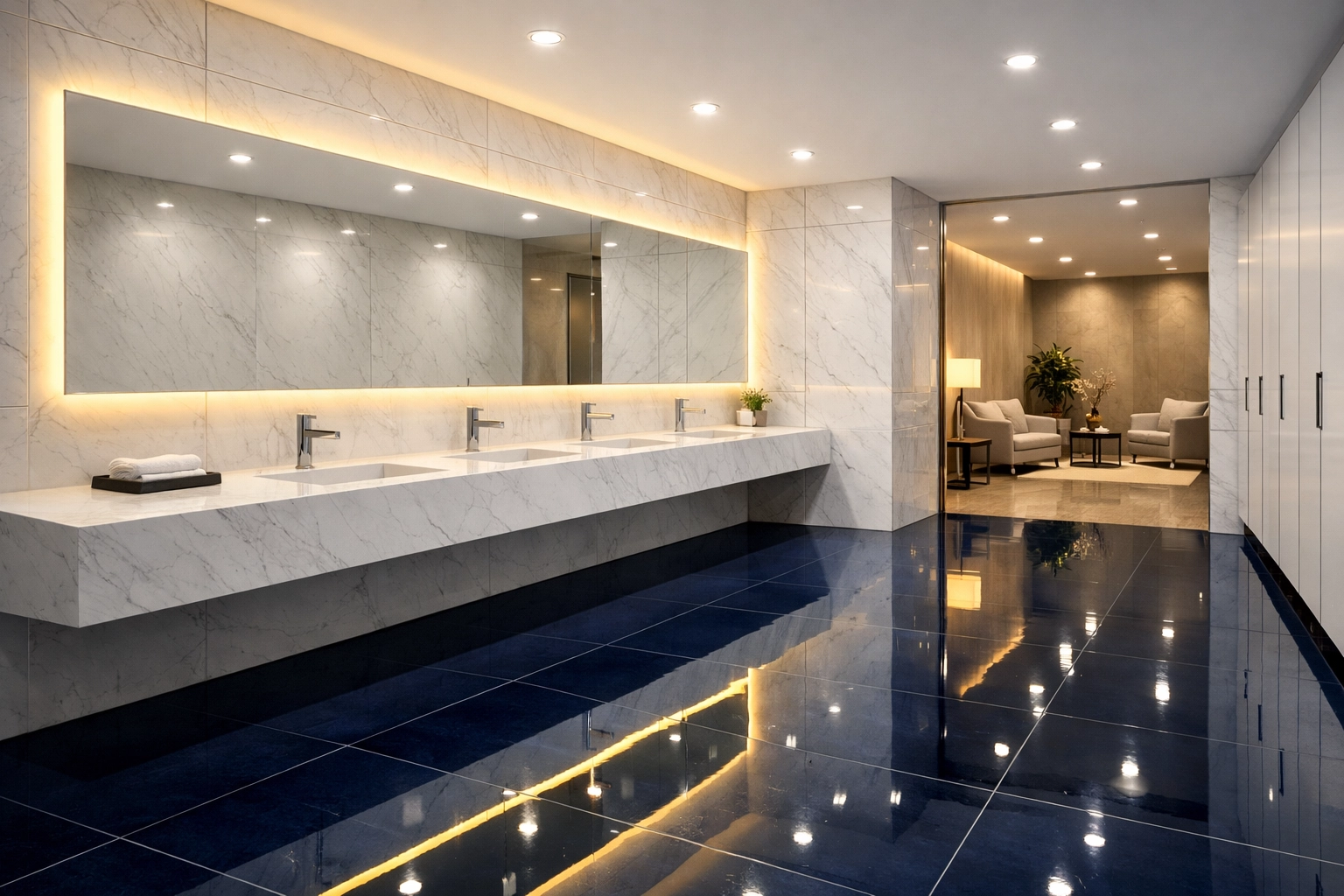 Clean and sanitized commercial restroom in a Franklin business facility maintained by professional cleaners.