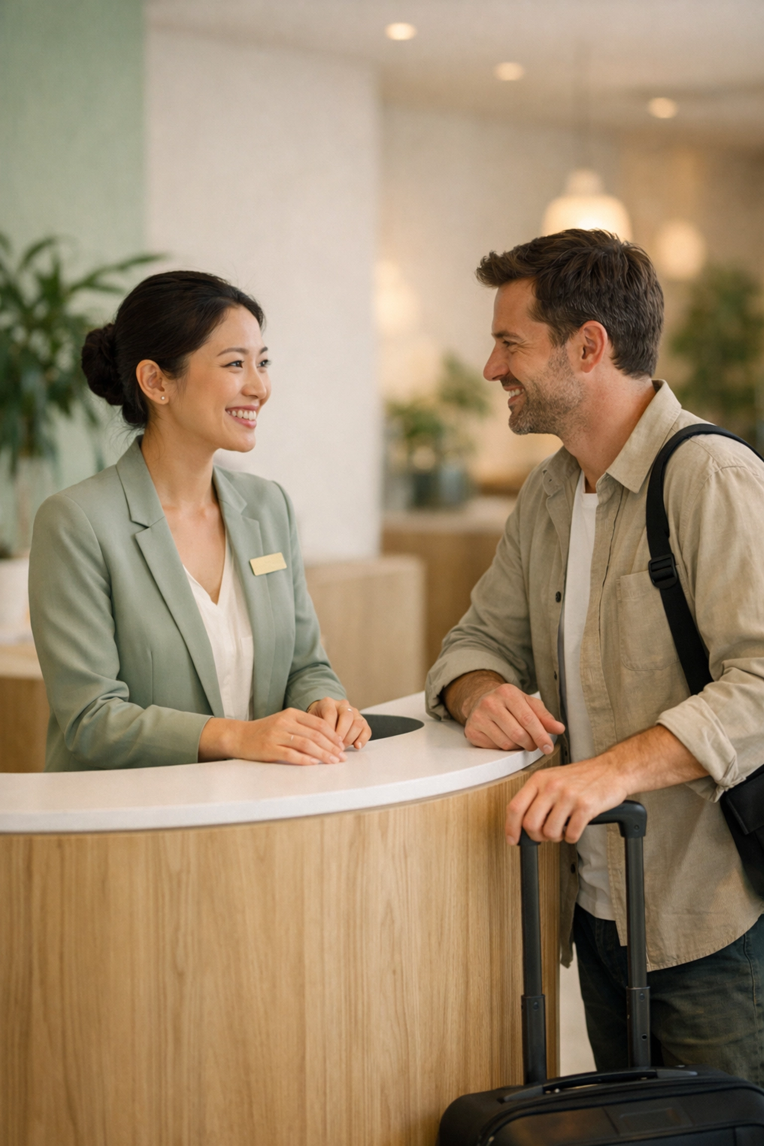 Hotel staff and guest engaging in a warm conversation at a minimalist check-in pod.