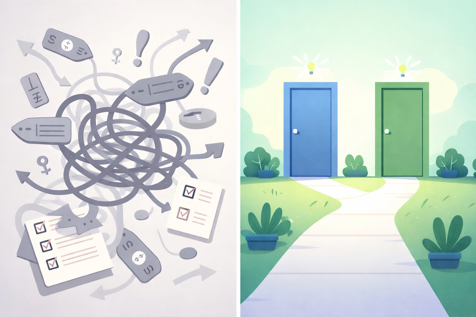 Visual comparison of confusing product options versus clear choices when selling digital products online