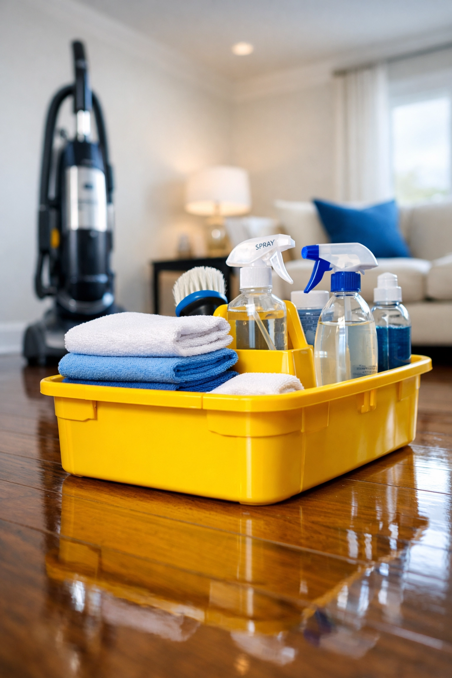 Professional supplies for deep cleaning Sherborn homes resting on a sparkling, freshly polished hardwood floor.