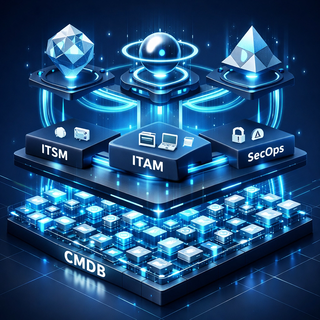 ServiceNow ITOM architecture diagram with CMDB foundation, integrated modules, and AI orchestration layer