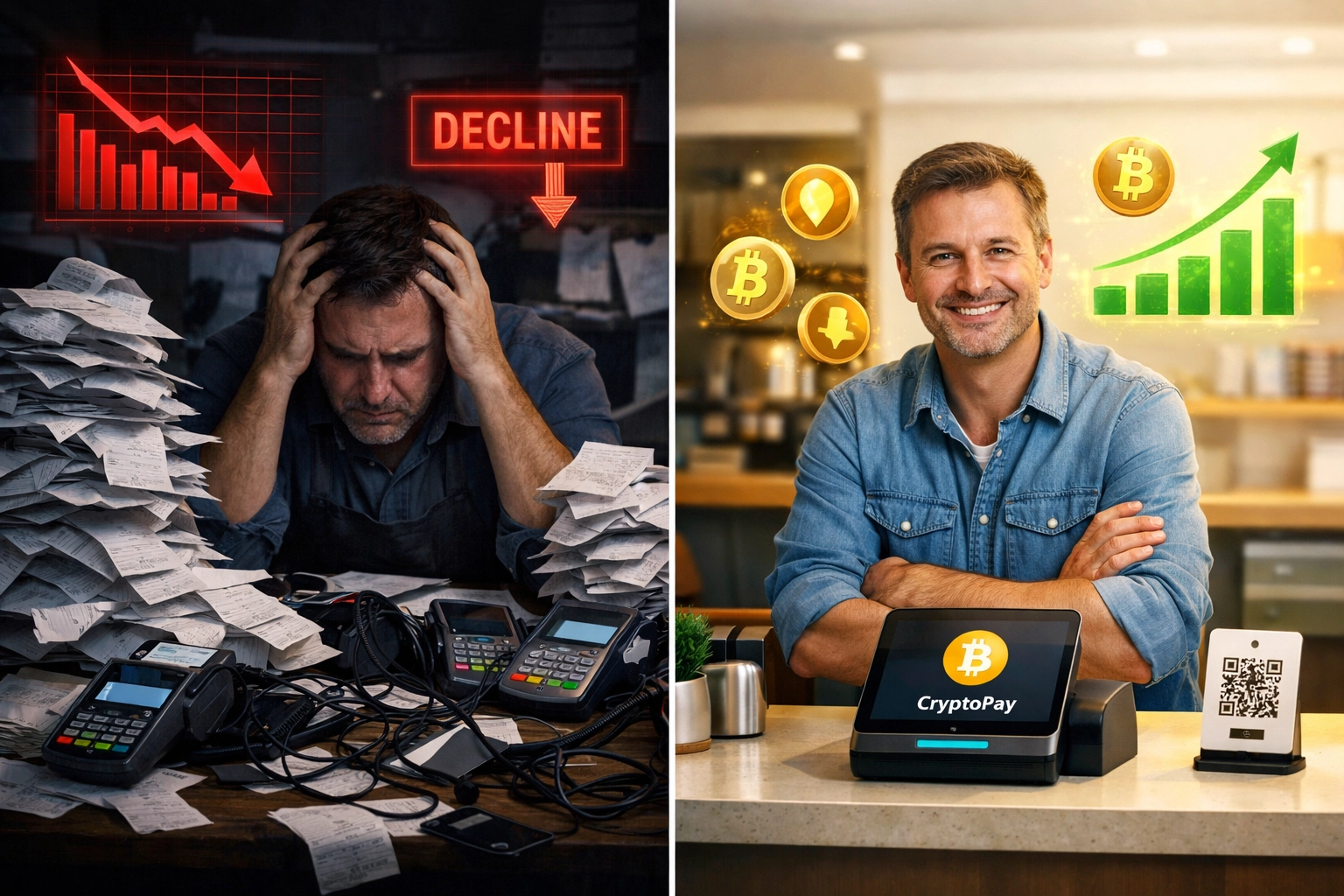 Comparison of traditional payment chaos versus streamlined crypto POS system for small business