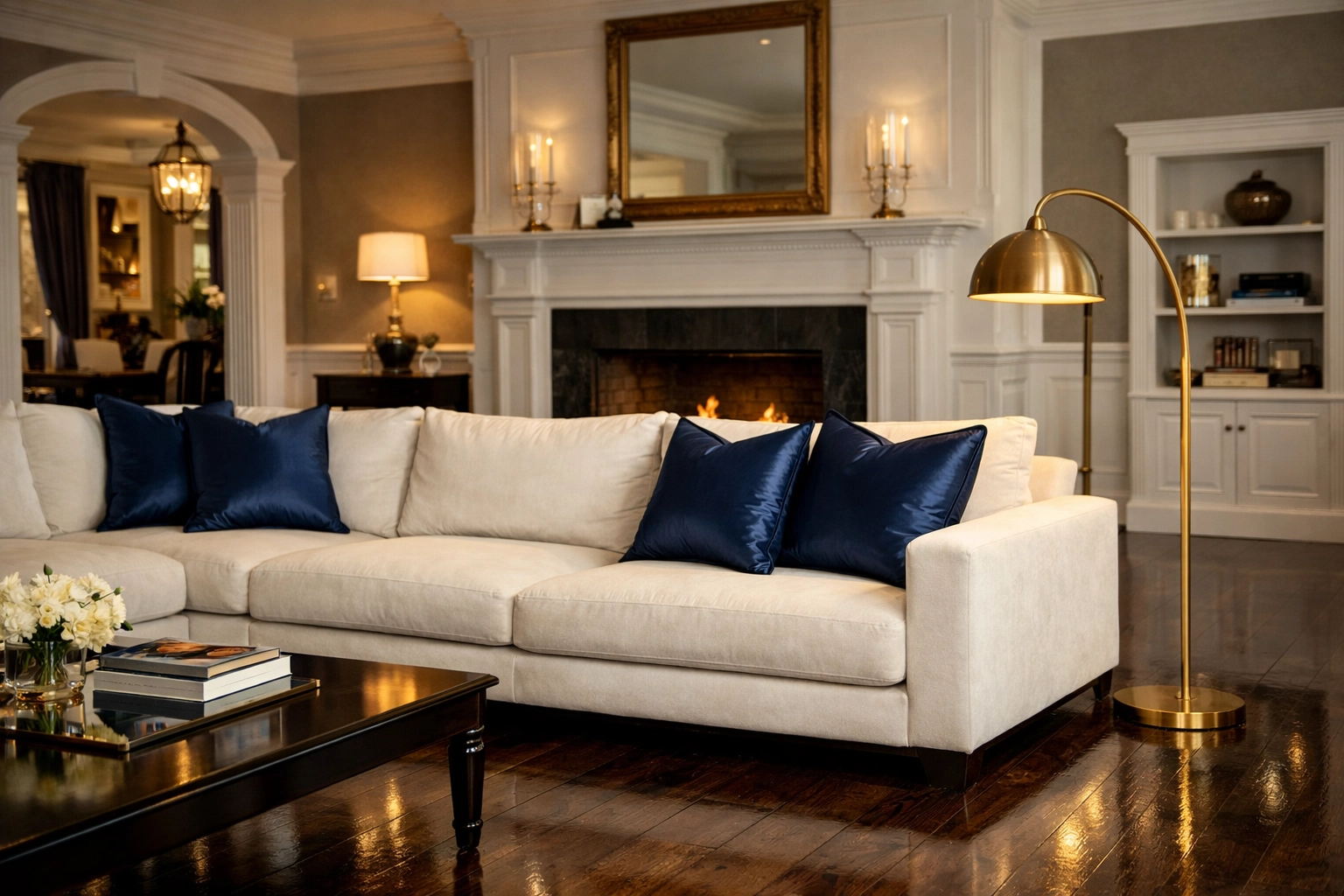 Impeccably clean Lexington home interior with polished dark wood floors and luxury velvet furniture.