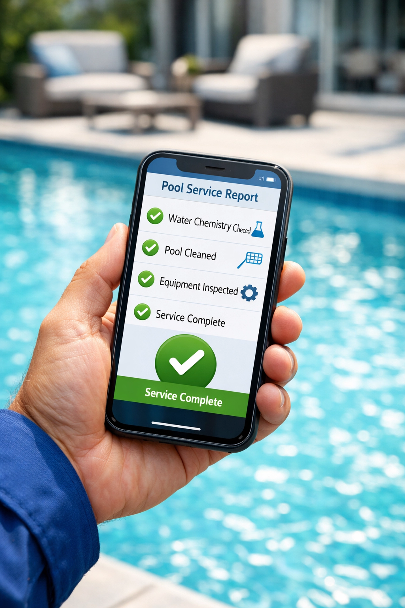 Professional pool service app showing proof of service on a smartphone over clear turquoise water.