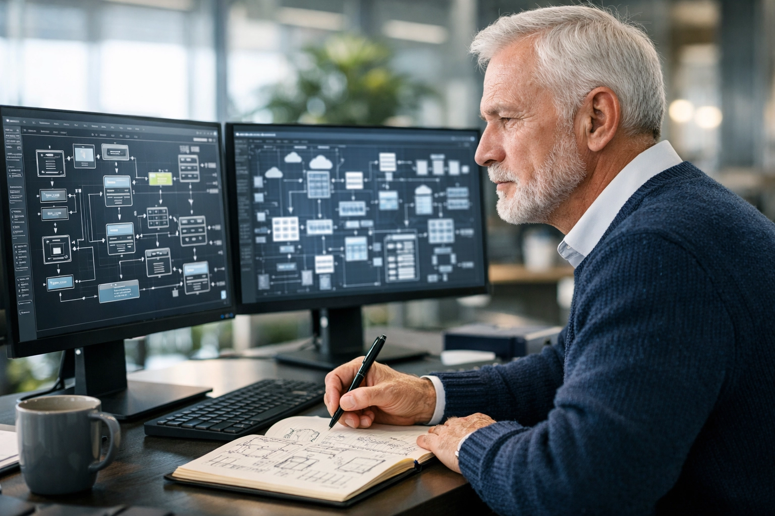 IT architect at a dual-monitor workstation designing automated workflows for ServiceNow ITOM governance.