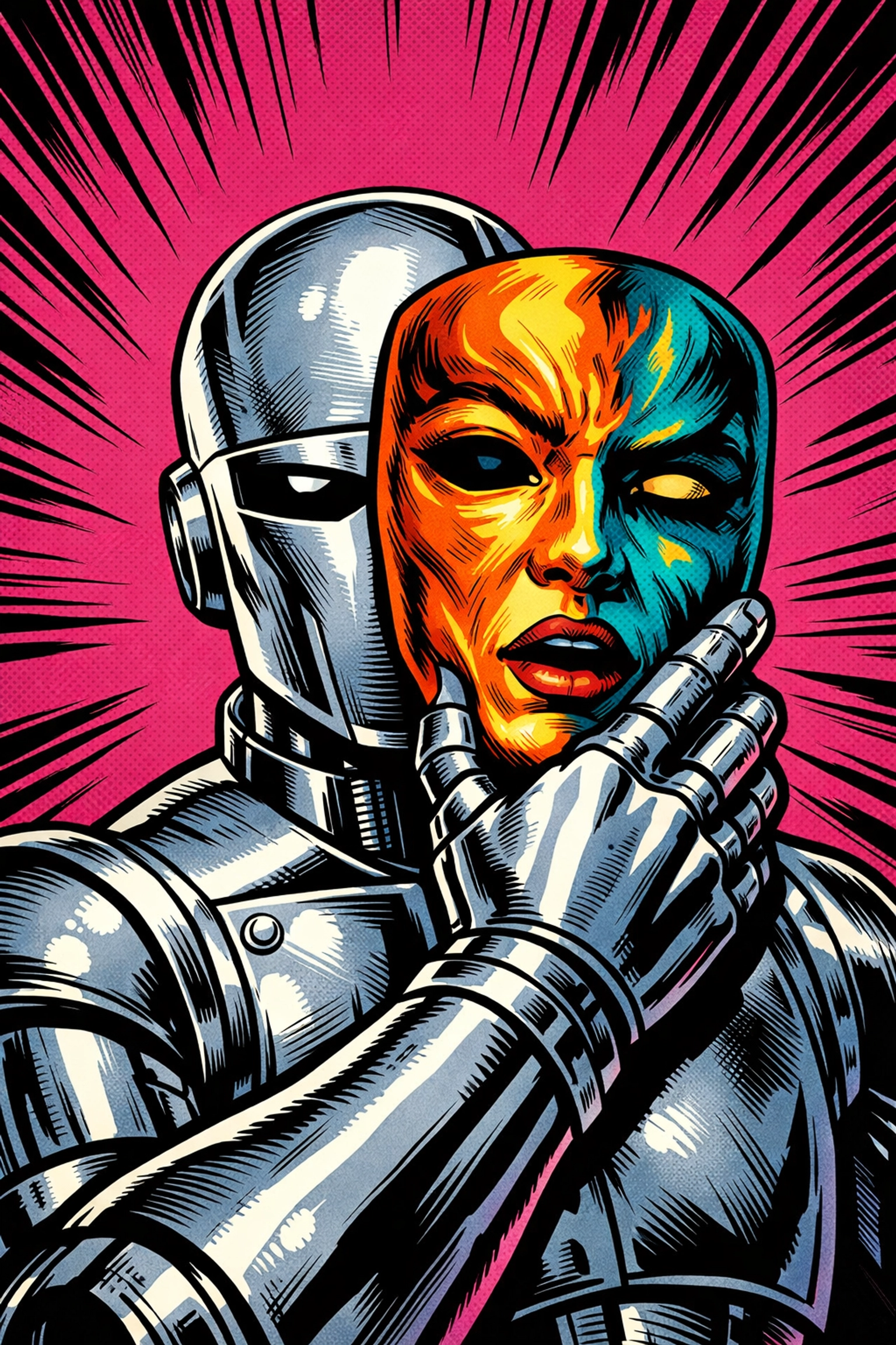 Robot holding a human mask to represent humanizing AI content and maintaining an authentic brand voice.