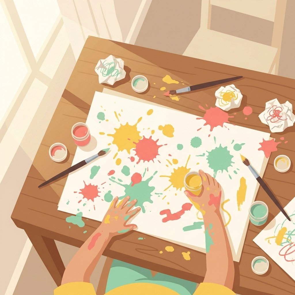 Child creating colorful art at a table, highlighting the importance of effort over results in positive reinforcement.