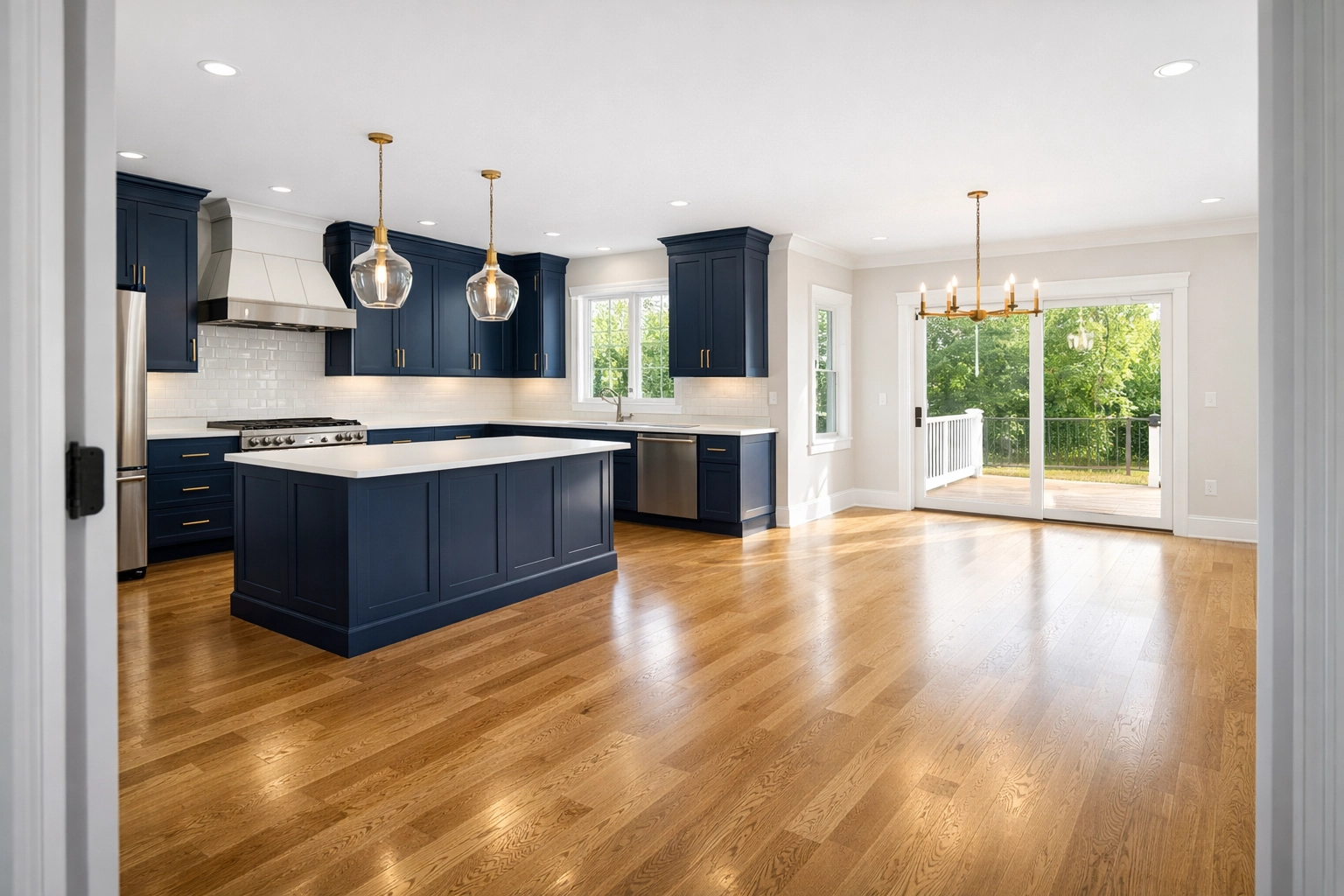 A sanitized empty kitchen with white countertops, ready for move-in house cleaning Groton MA.