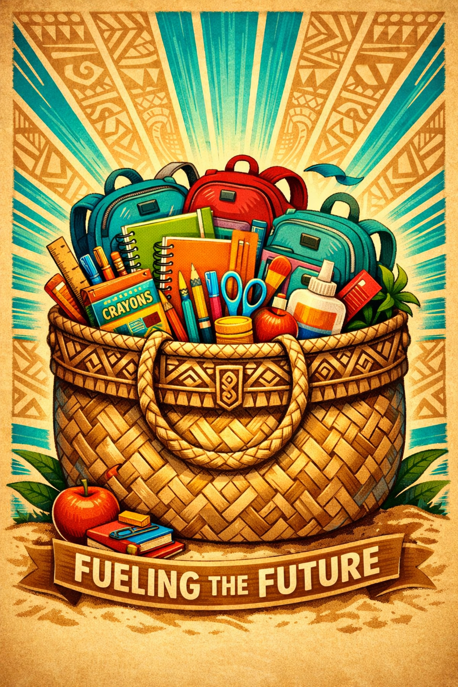 Woven Polynesian kete basket filled with school supplies for local kids, supporting the festival cause.