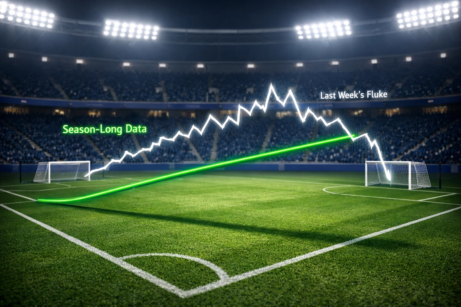 Graph comparing steady long-term football stats with unpredictable short-term betting trends.