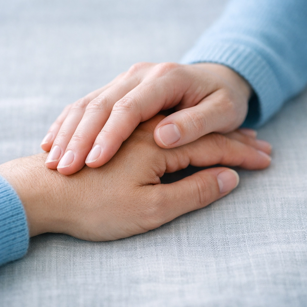 Supportive hands resting together, symbolizing co-regulation and the calming of a heightened nervous system.