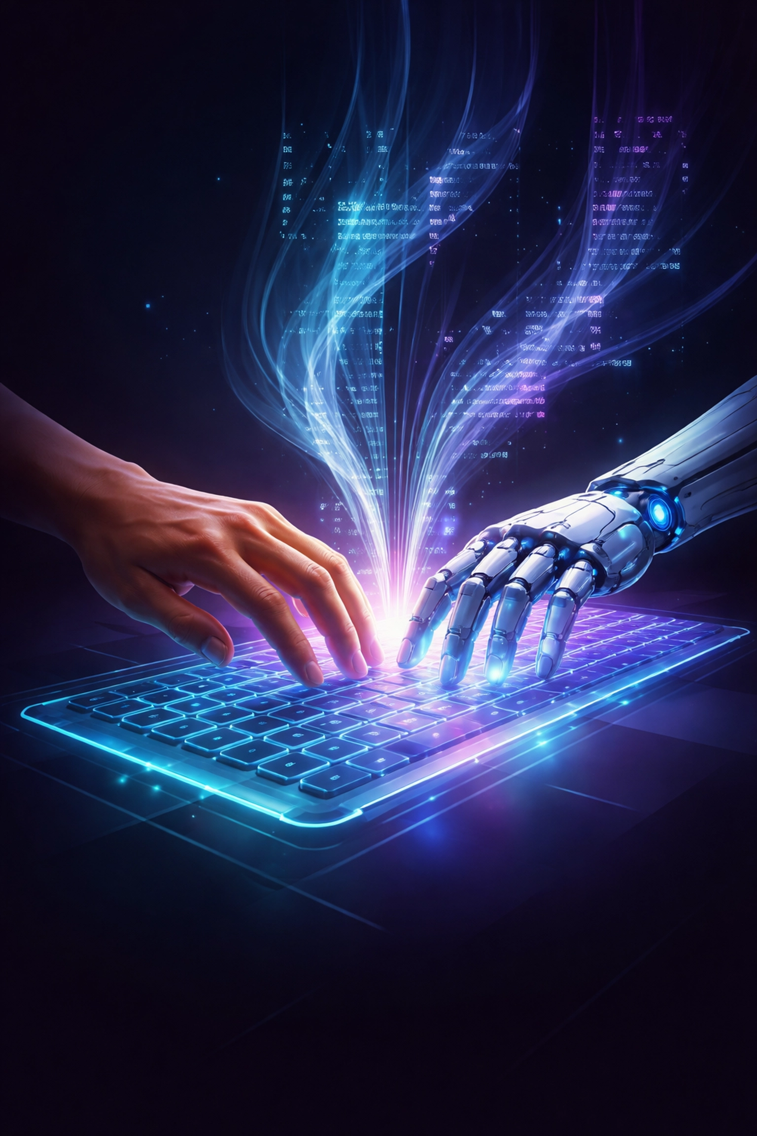 Human and AI hands working together on digital content creation, symbolizing site copywriting efficiency