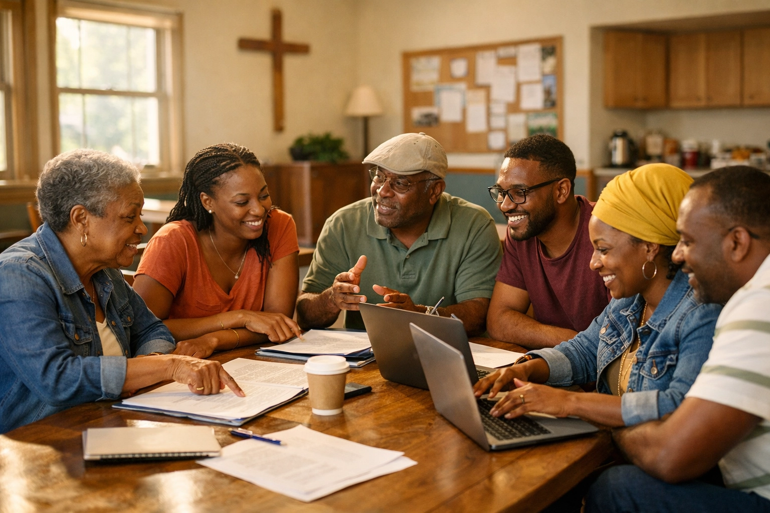 Community members collaborating on economic development plans in church fellowship hall