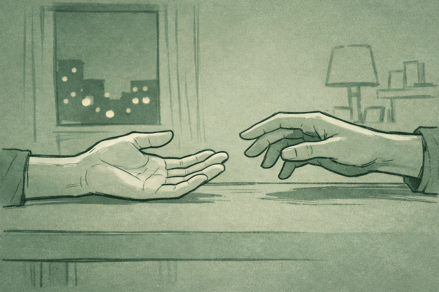 Gay men's hands reaching across table symbolizing vulnerability and human connection