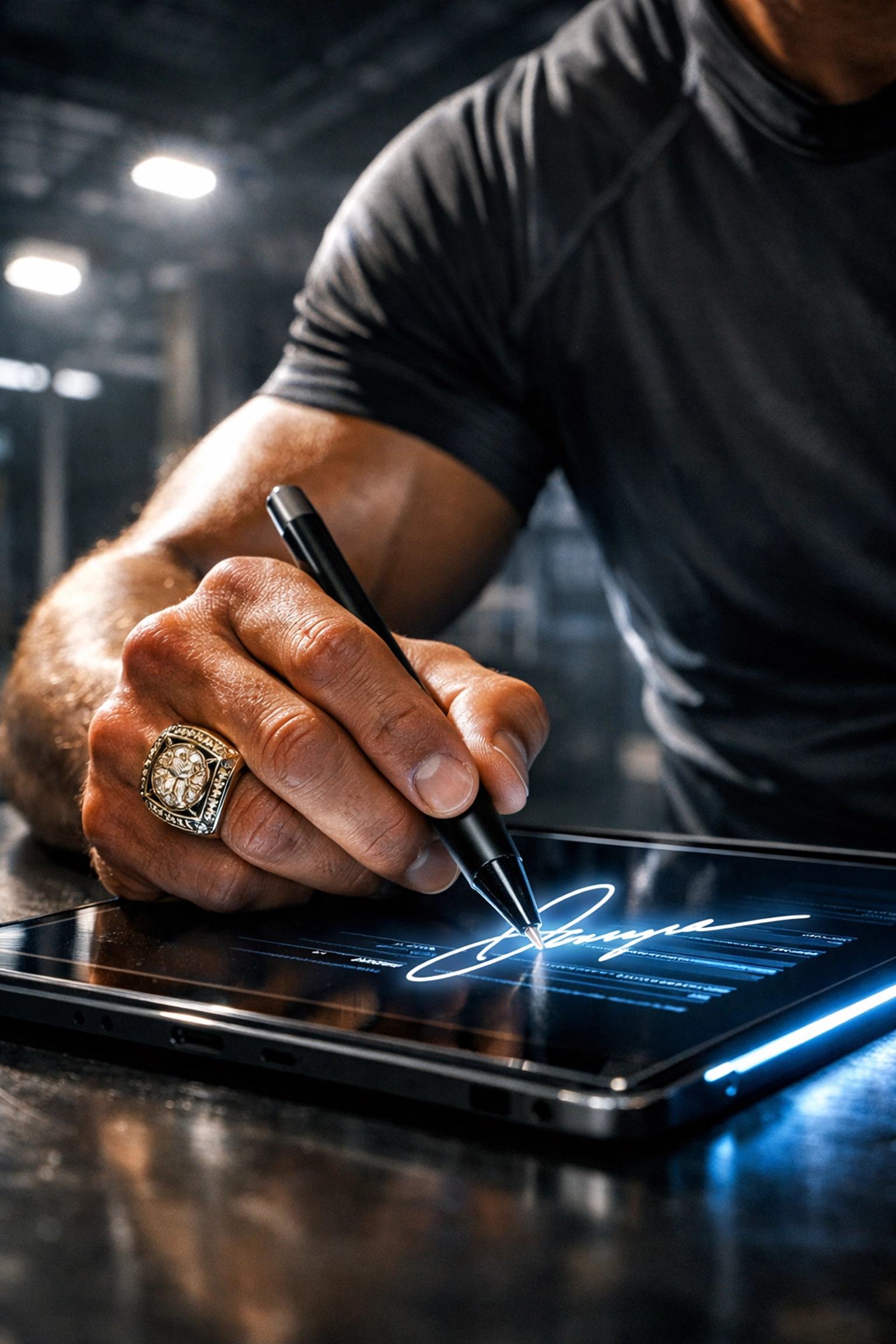 A professional athlete signing an NIL digital contract to boost brand growth and marketing ROI.