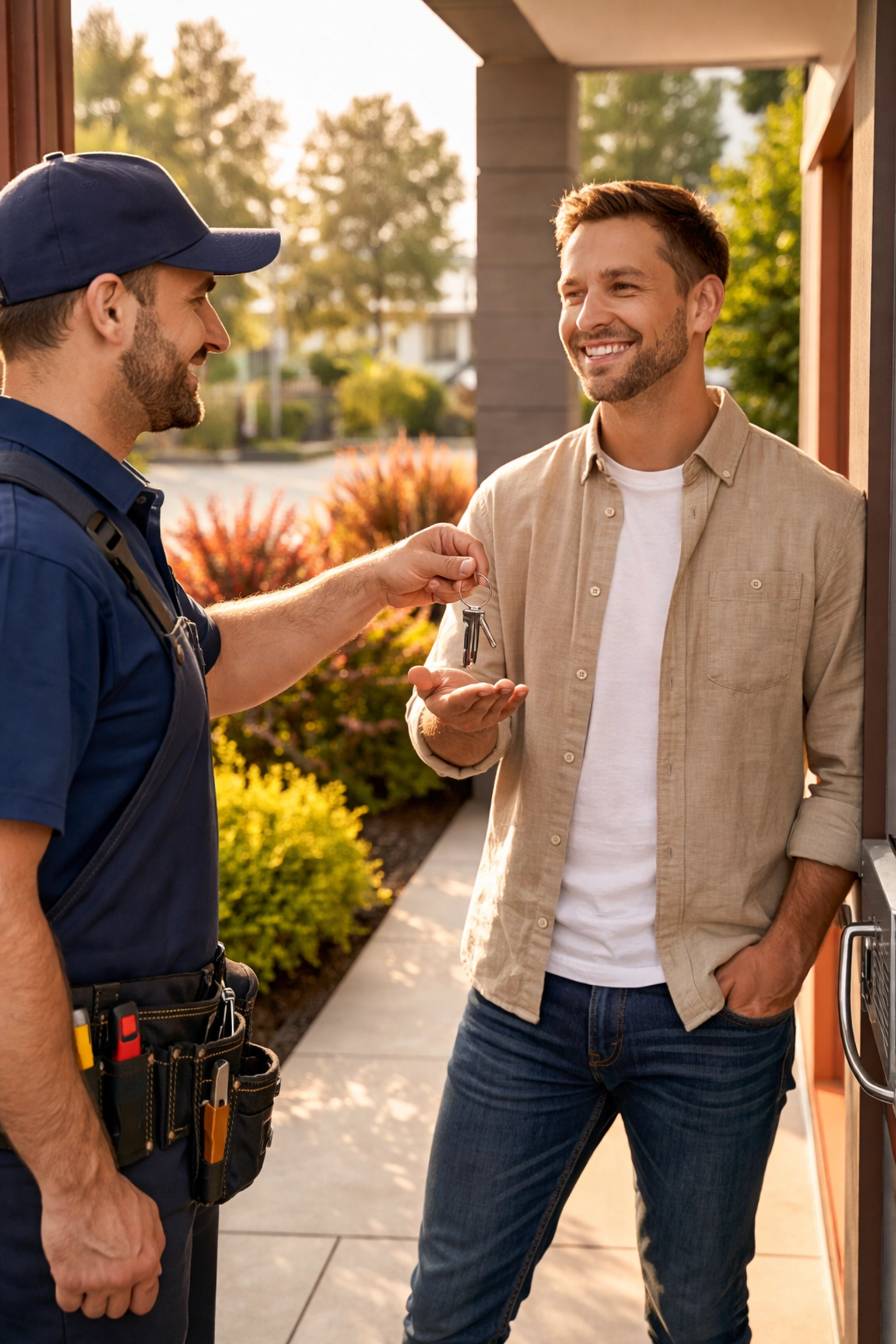A happy homeowner receives new keys from an Indianapolis locksmith, guaranteeing exclusive property access.