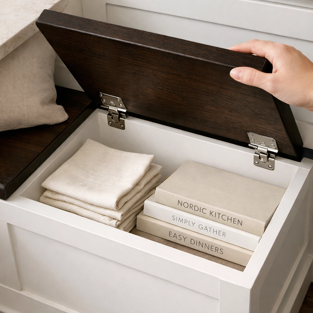 Space-saving furniture showing hidden storage under a wood breakfast nook bench seat for kitchen gear.