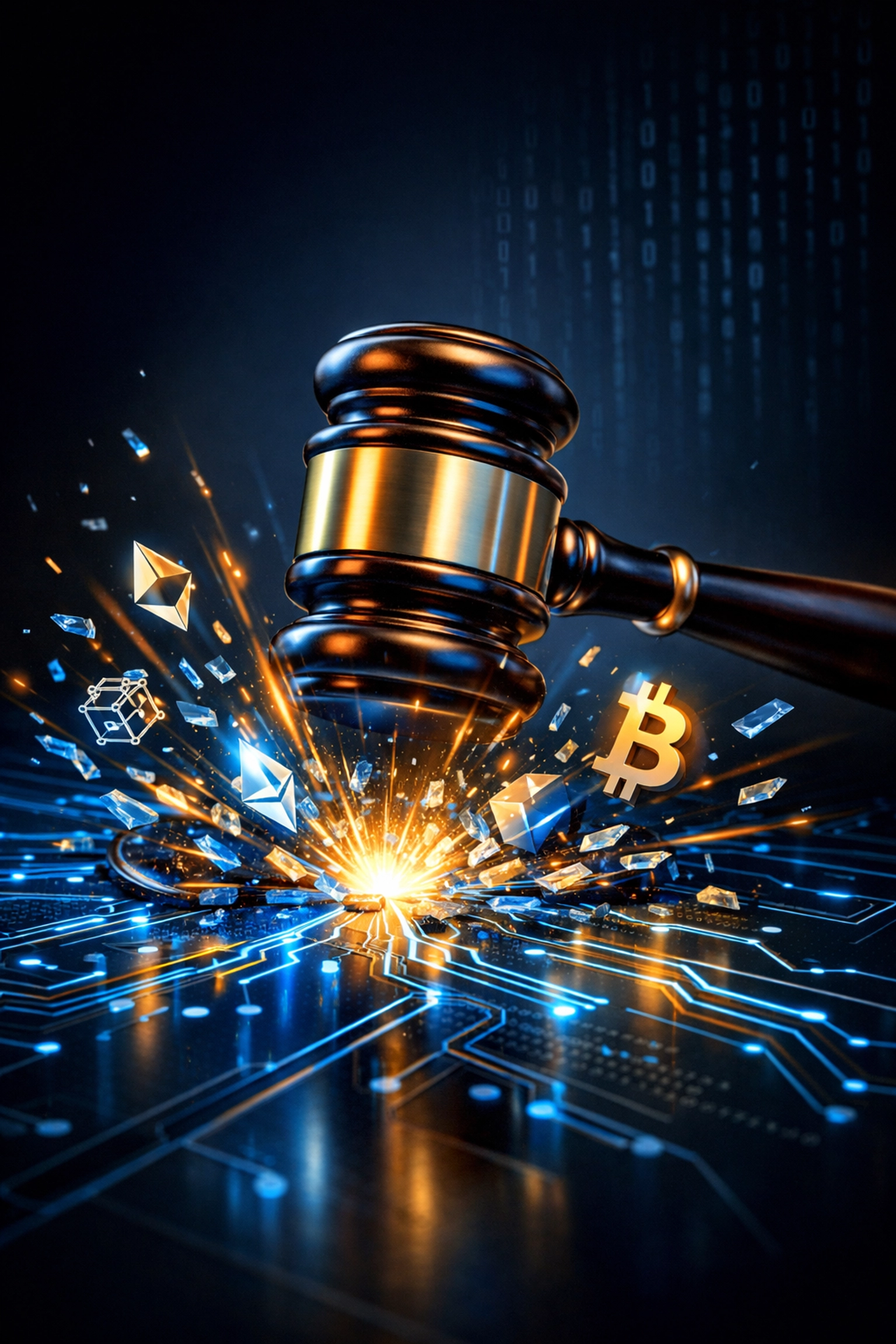 US regulatory compliance gavel striking blockchain representing Web3 payment legal standards