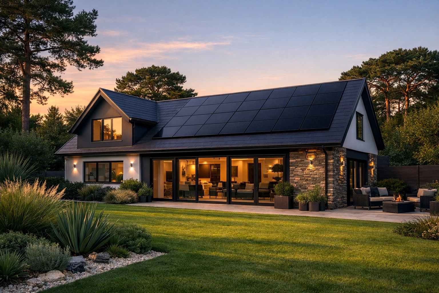 Modern house in Ferndown featuring sleek black solar panels seamlessly integrated into the roof.