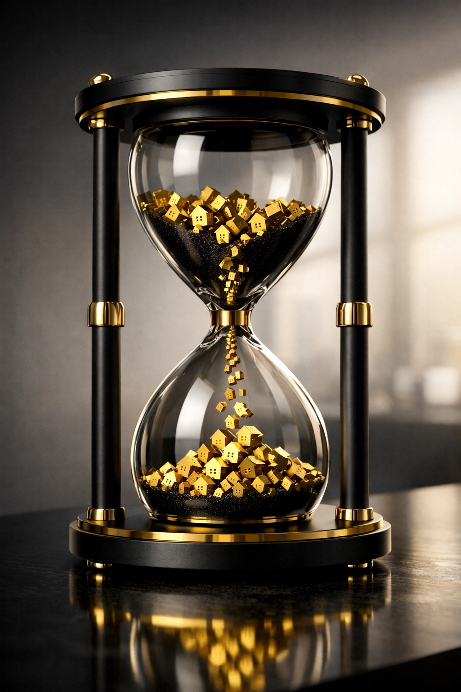 Hourglass with property icons symbolizing time management for growing landlord portfolios