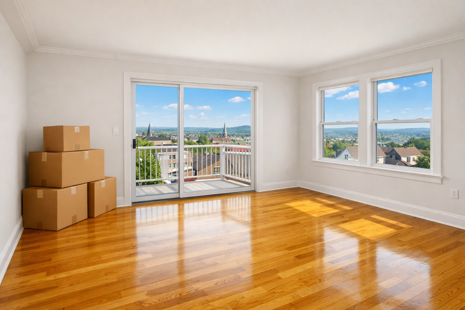 Empty apartment with sparkling floors ready for inspection after expert move-out cleaning Worcester MA.