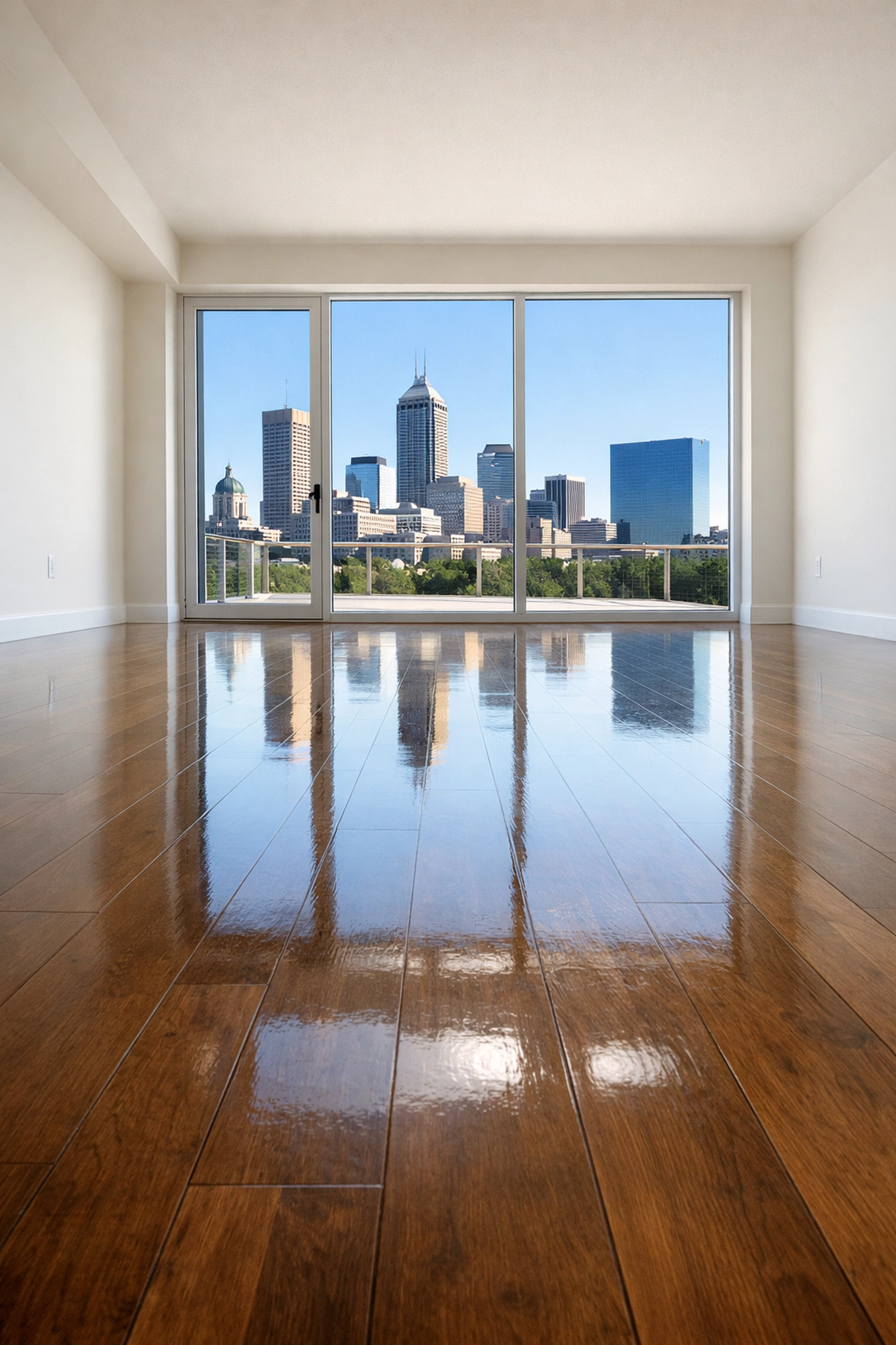 Polished hardwood floors in a clean Indianapolis apartment ready for tenant turnover and move-in.