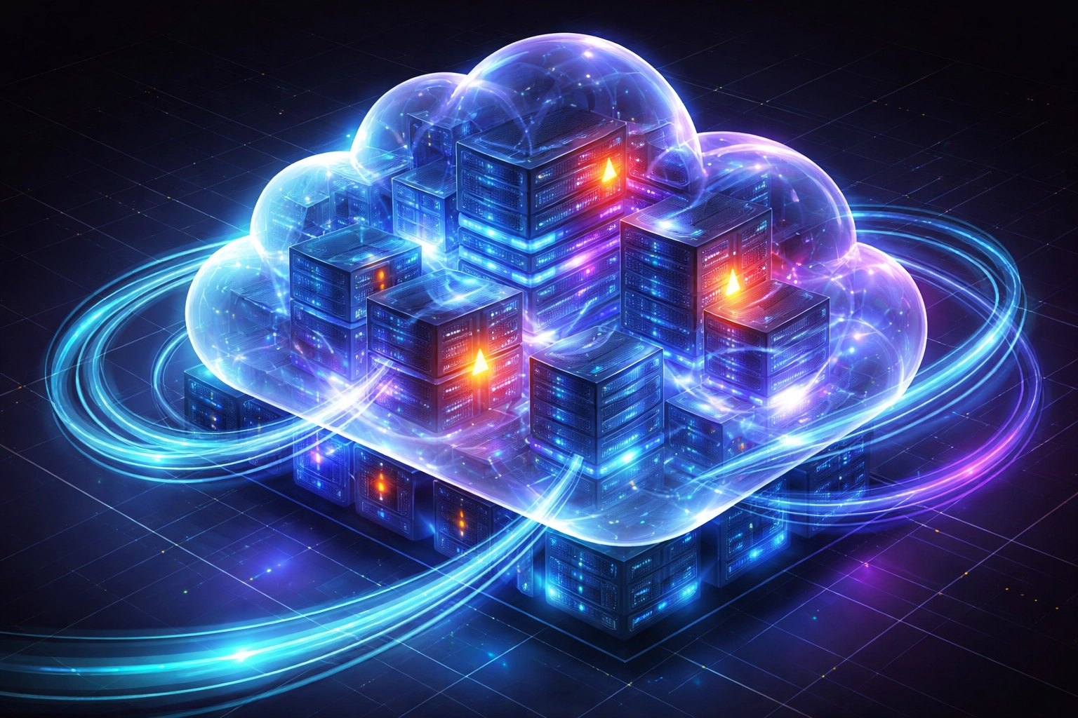 Glowing cloud infrastructure with highlighted inefficiencies, representing hidden costs in cloud optimization and server management.