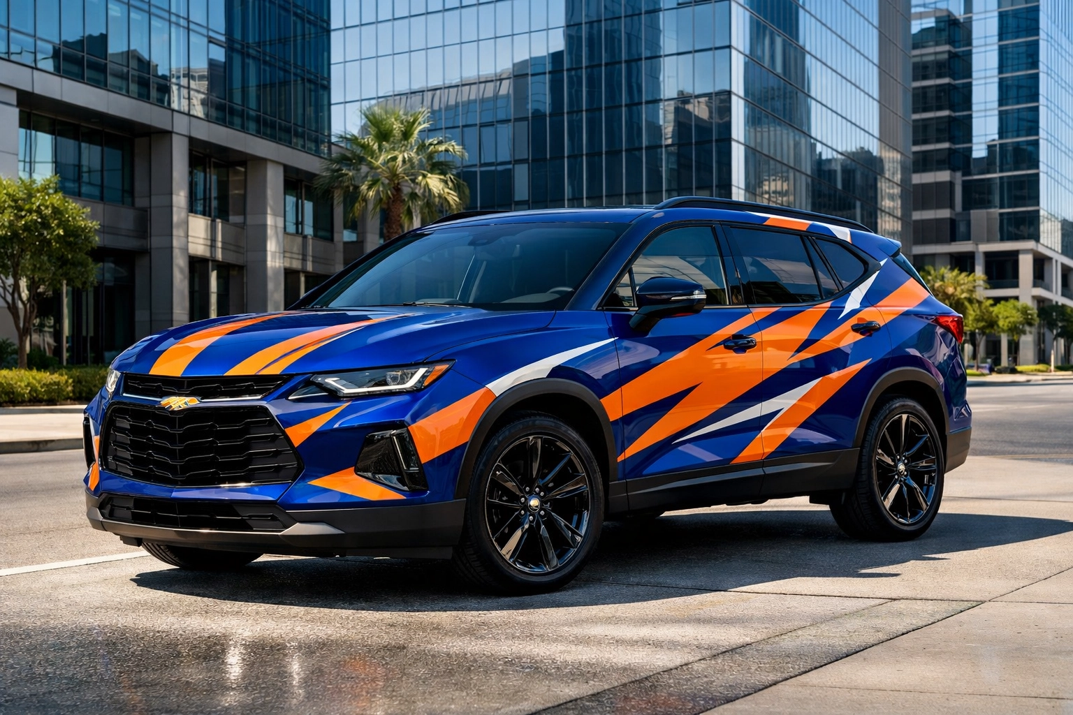 A professional full-body vinyl car wrap on a commercial SUV parked in a Fort Worth business district.