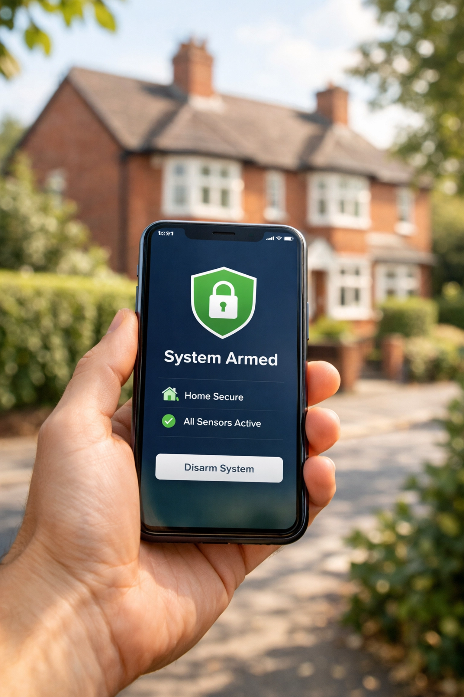 Controlling a smart home security alarm system in Kidderminster via a smartphone app.