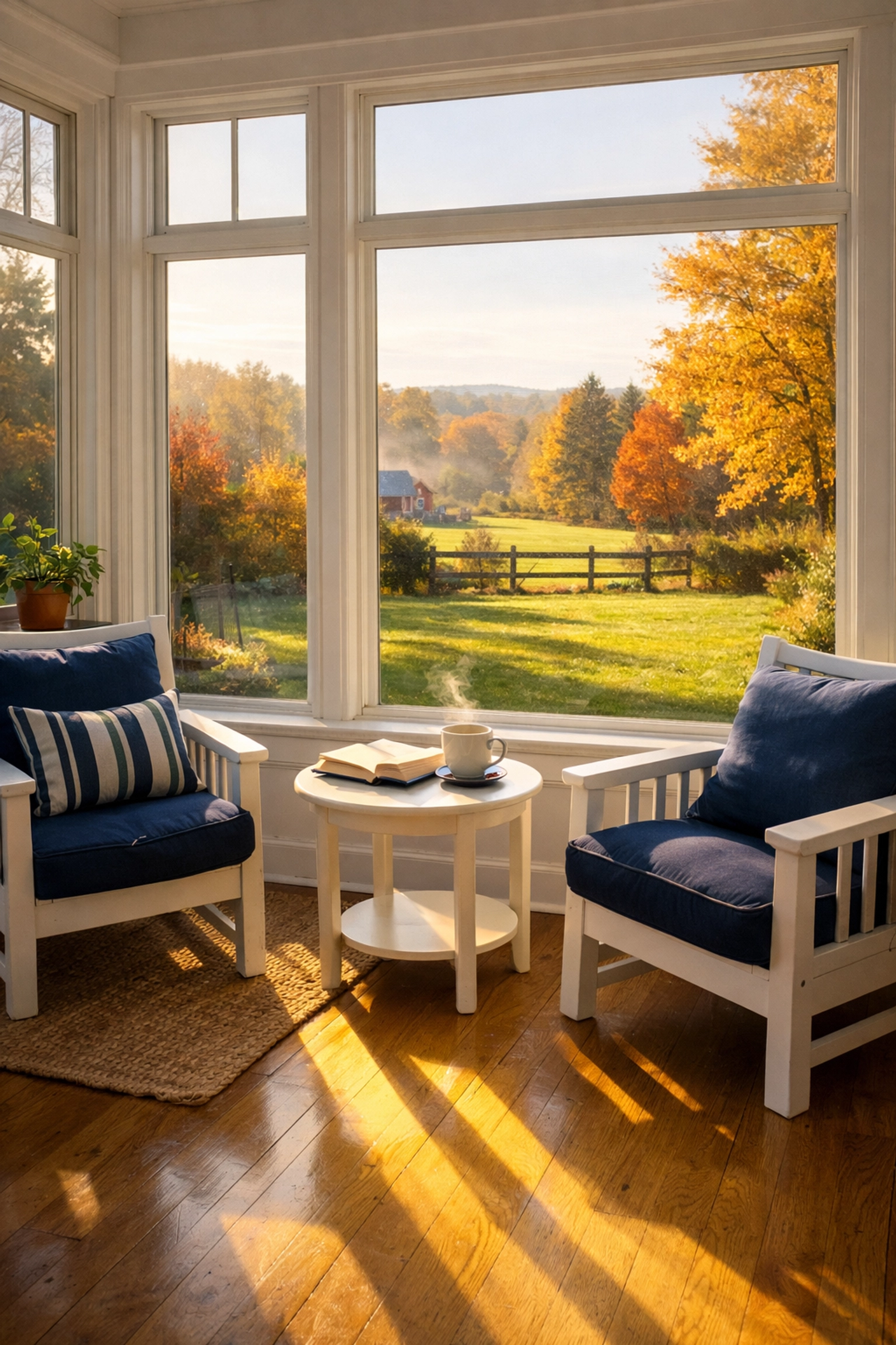 A serene, clean sunlit sunroom in Stow, MA, illustrating the benefits of house cleaning services.