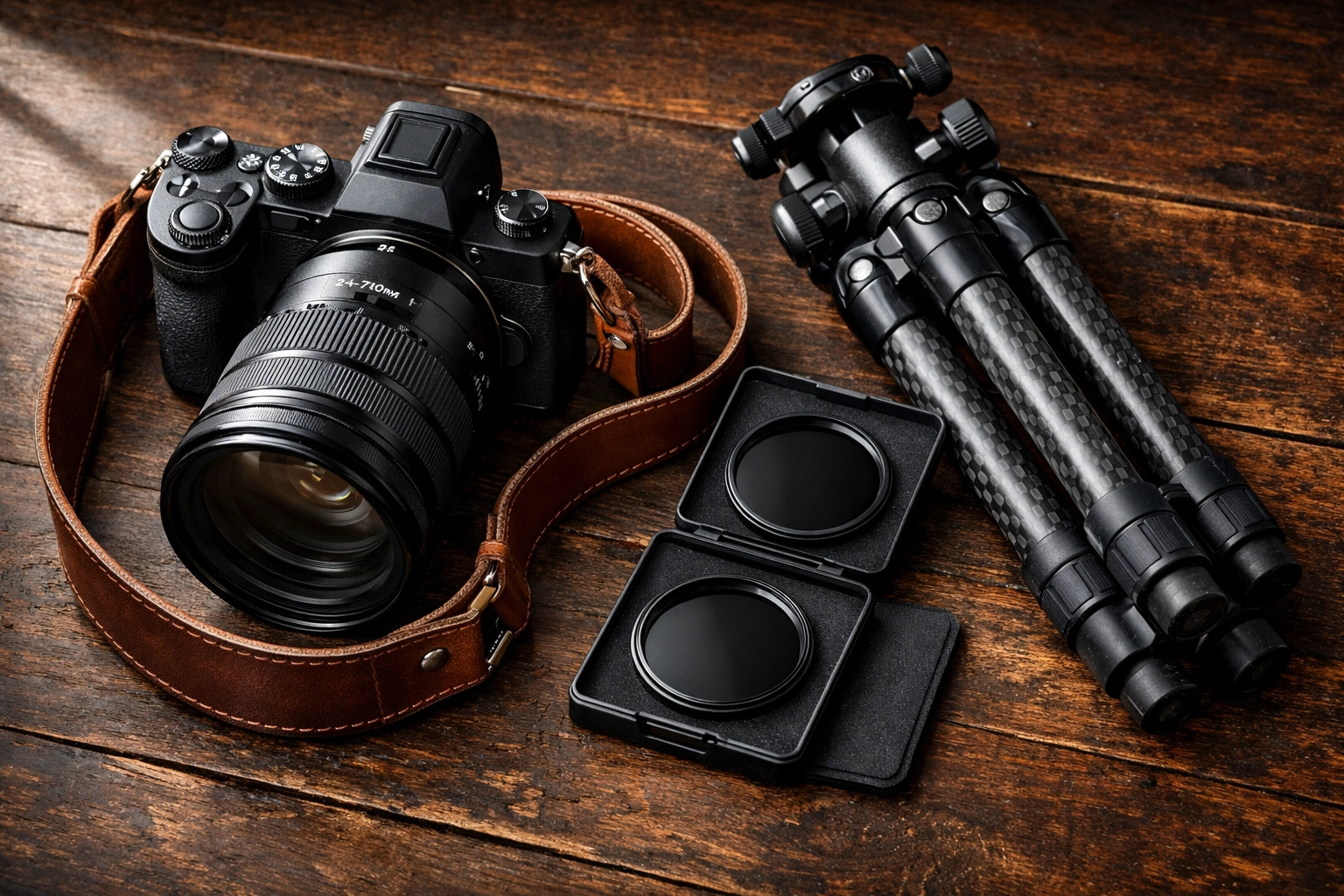 Lens Around the World: Your Essential 50-Spot Photography Handbook 1 Professional photography gear including a mirrorless camera and tripod for a global travel photography trip.