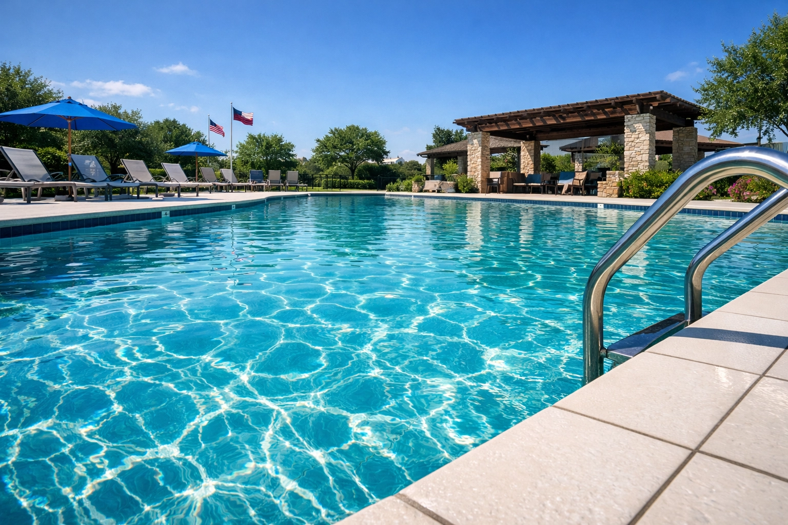 Sparkling clean HOA community swimming pool with pristine deck and water
