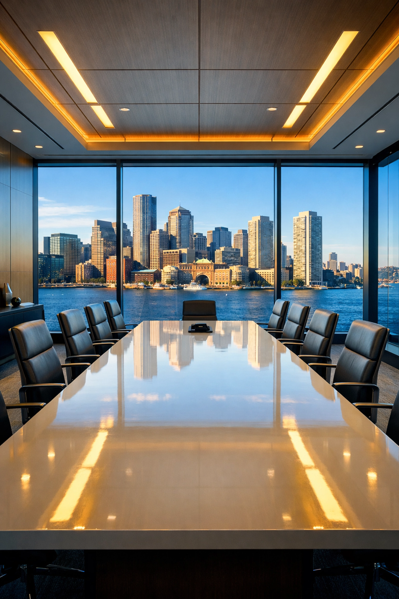 Pristine executive boardroom in Boston Seaport with polished surfaces and views of the city skyline.