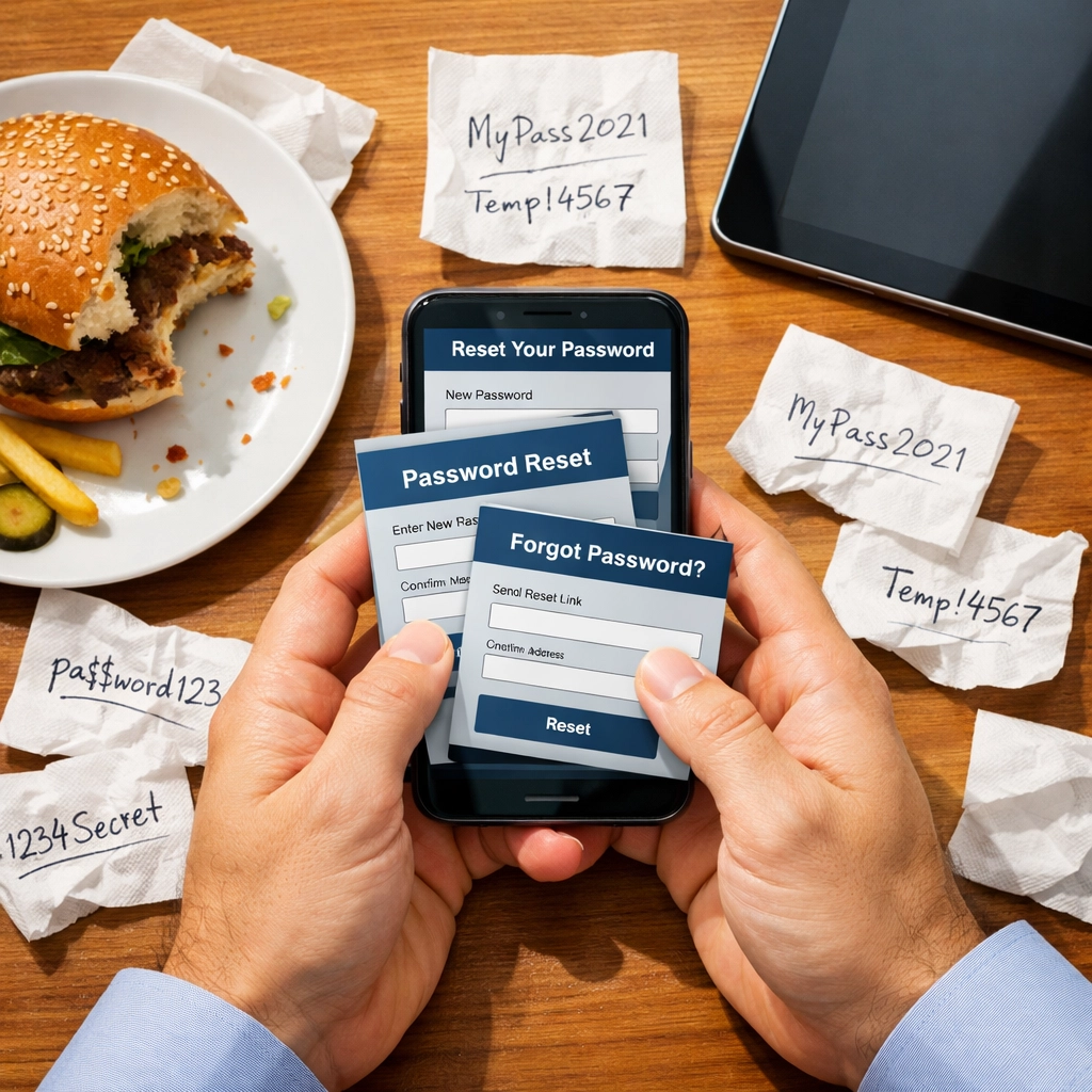 Restaurant customer juggling multiple passwords on phone and tablet while trying to order a burger