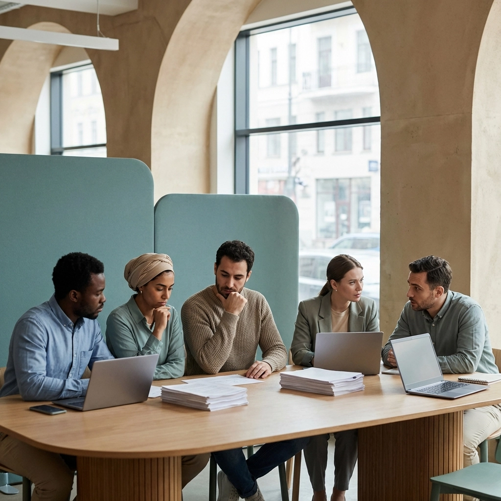 A conceptual image showing the weight of legislative pressure on a trans professional in a workplace environment.