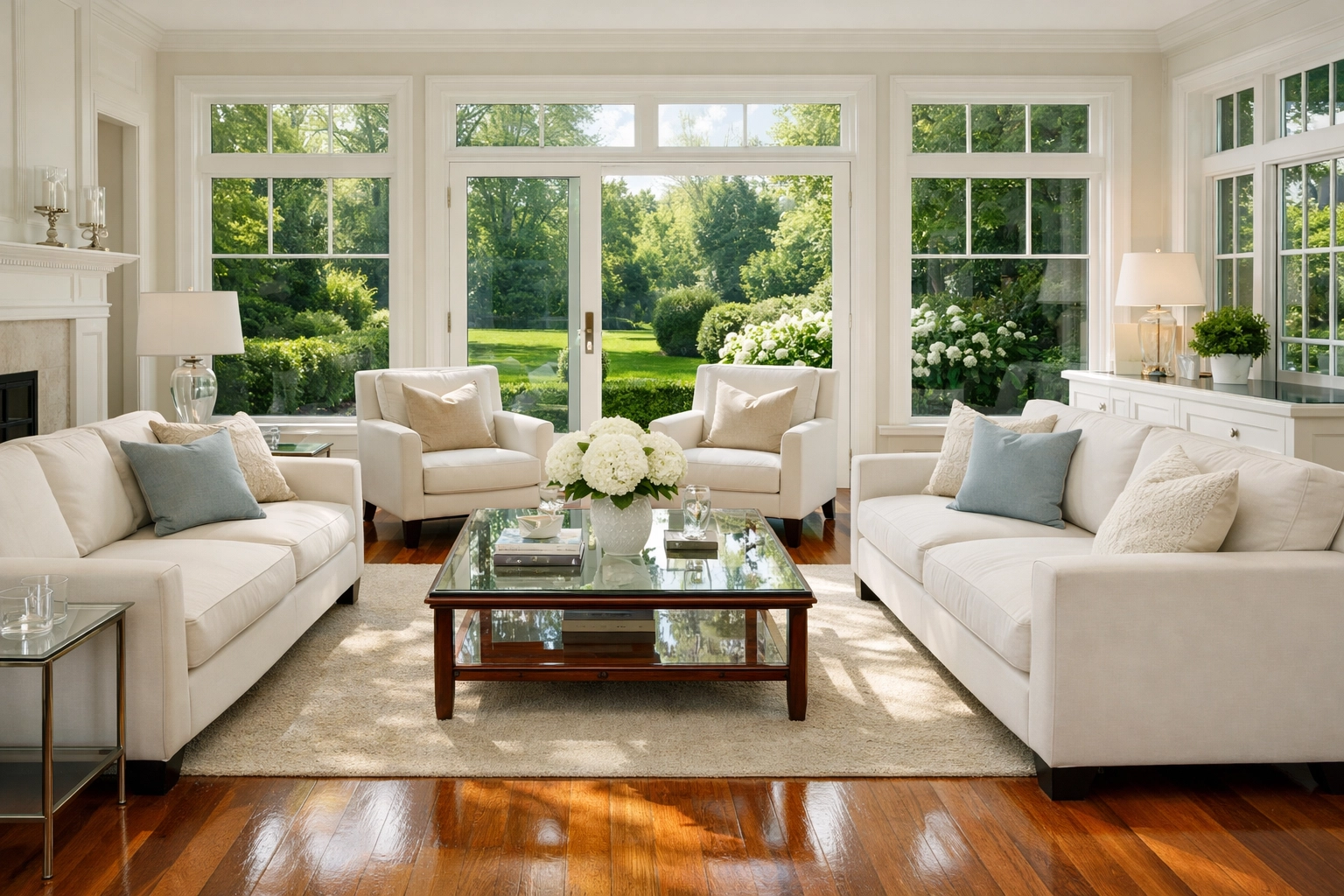 Luxury living room featuring professional house cleaning services Westchester NY and clear windows.