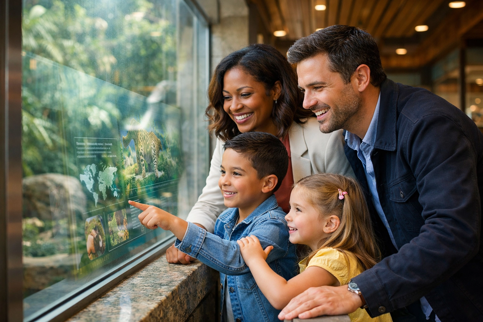 A family interacting with an immersive educational display at a zoo, demonstrating high visitor engagement.