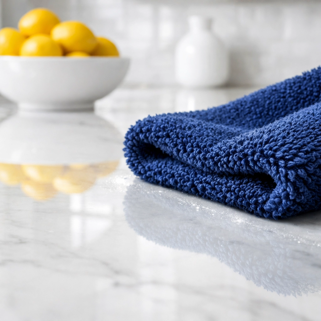 Professional microfiber cloth removing dust from a marble kitchen island for a healthier home environment.