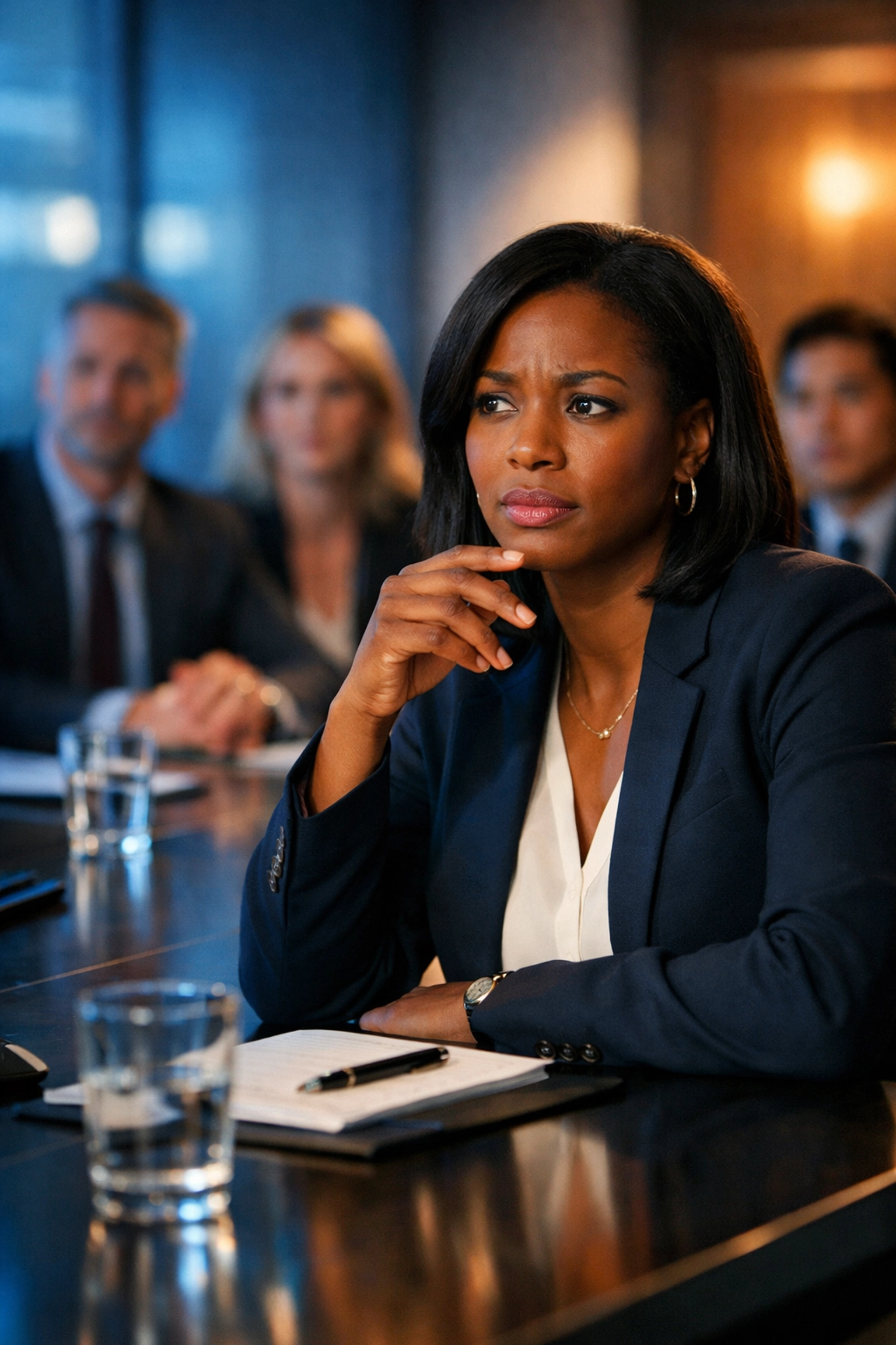 Executive hesitating before speaking in corporate meeting room