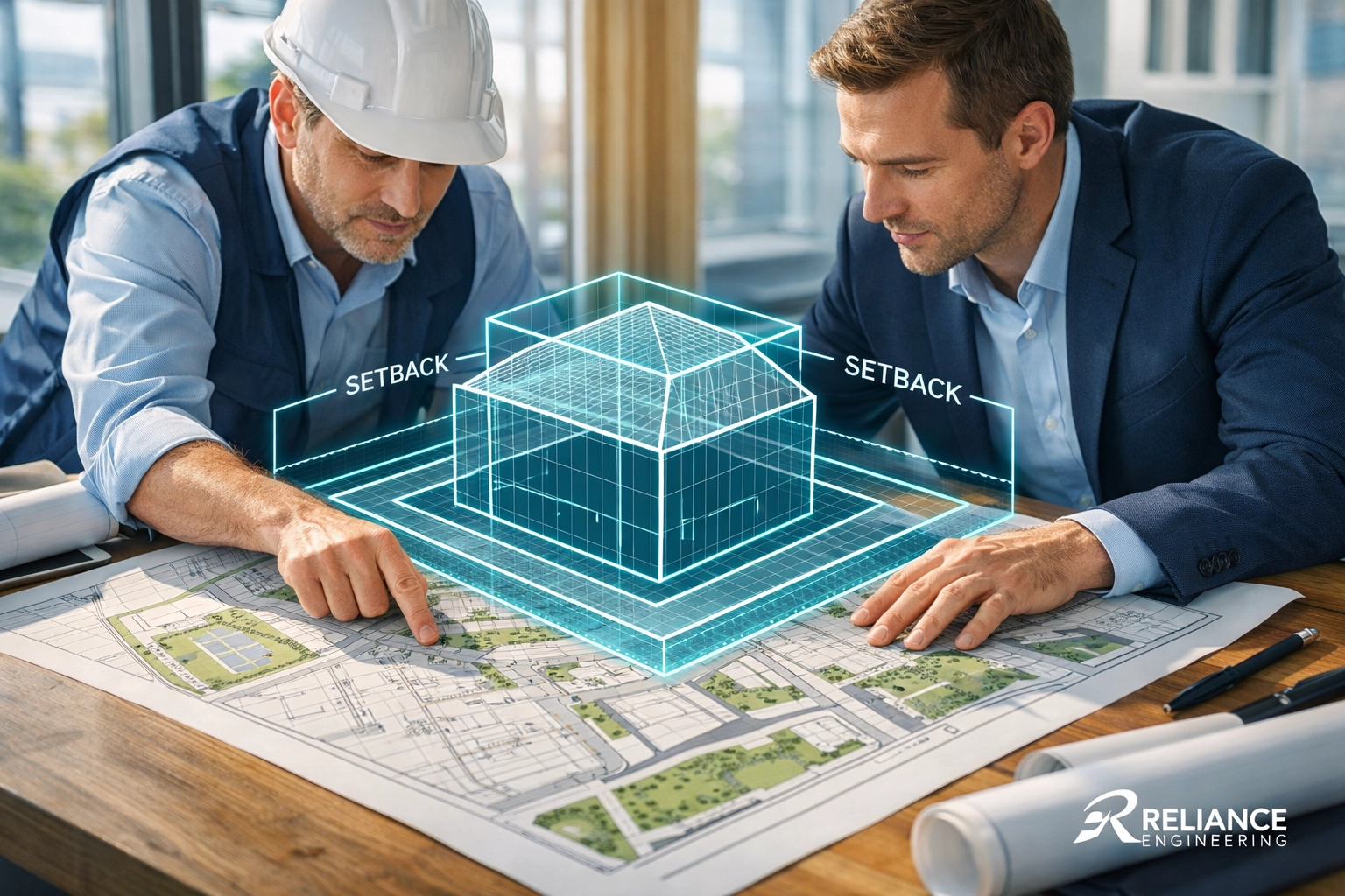 Reliance Engineering experts reviewing a building permit site plan for an Ontario development project.
