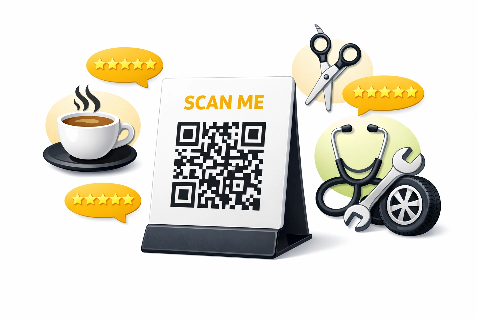 QR kódos értékelés gyűjtés illusztráció szolgáltatóknak ötcsillagos Google vélemények szerzéséhez.