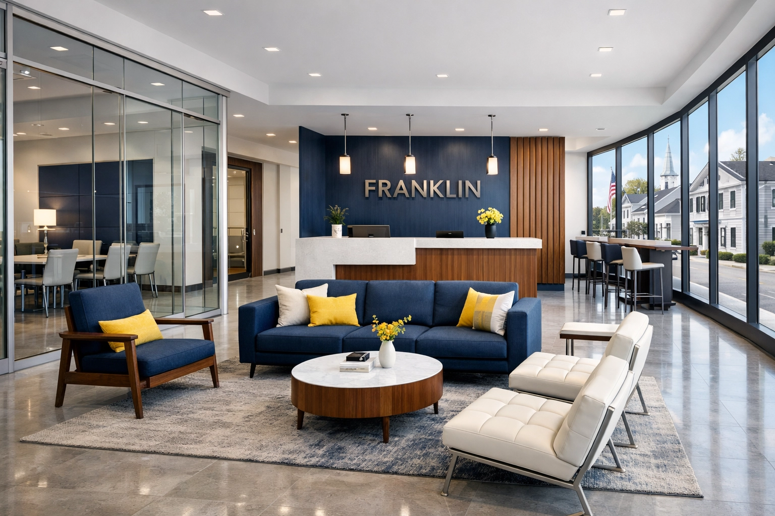 Pristine modern office lobby in Franklin MA showing tailored commercial cleaning results.