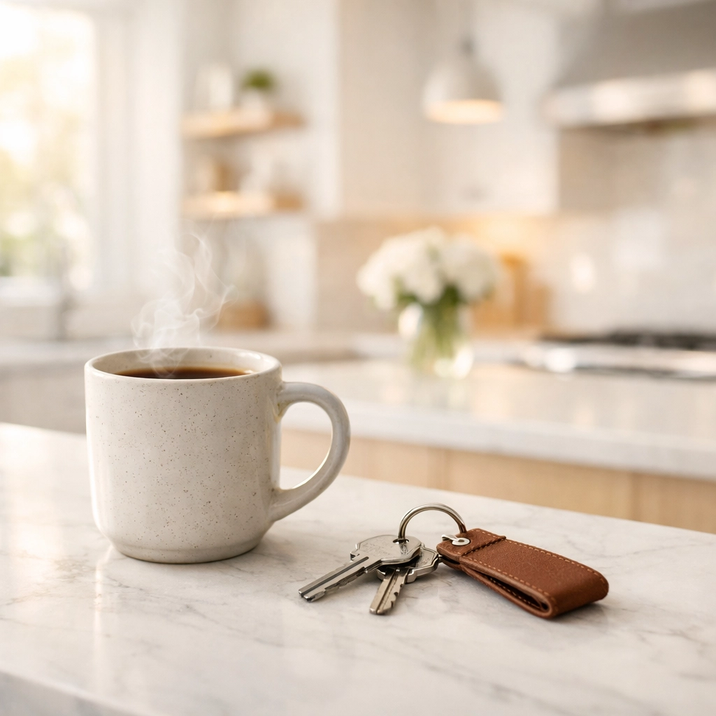 House keys and coffee on a kitchen counter representing savings for a mortgage deposit in Woking.