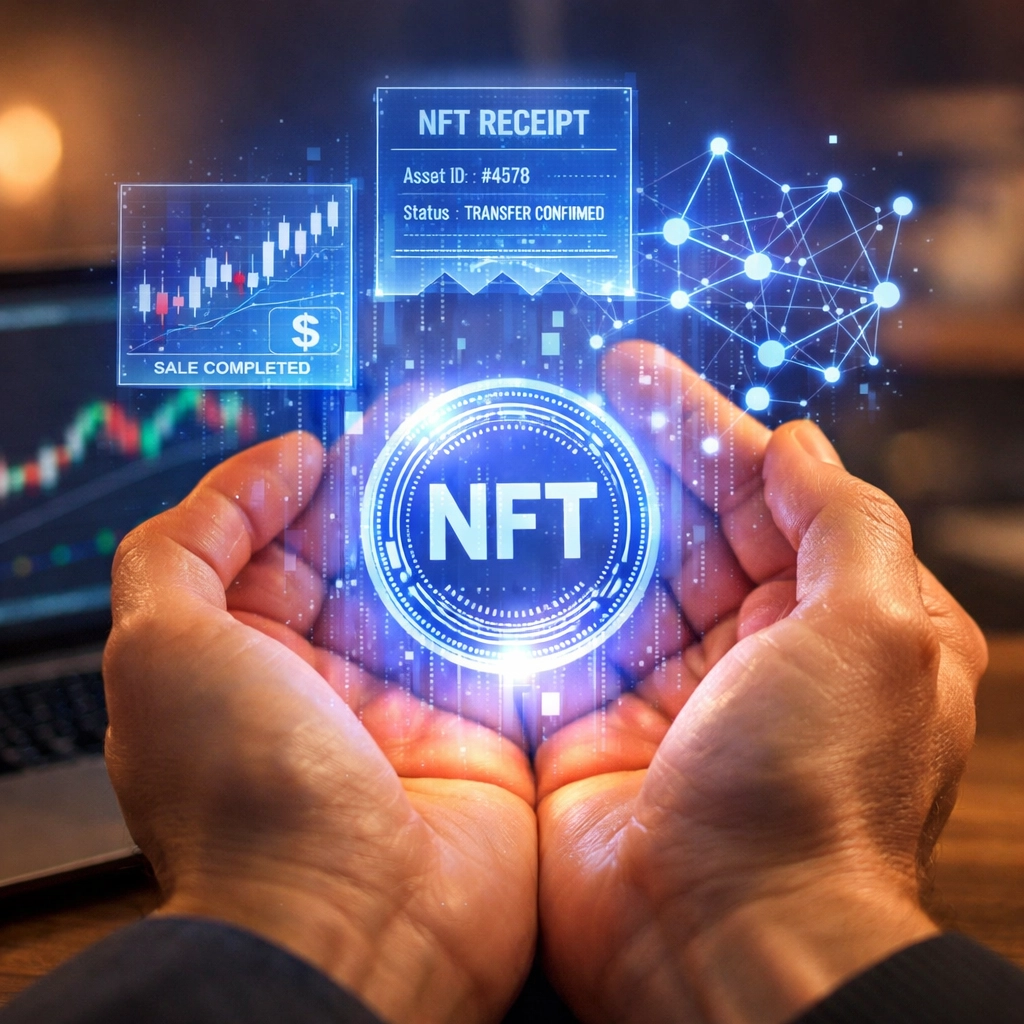 Merchant holding glowing receivables token showing self-custody control of crypto payments