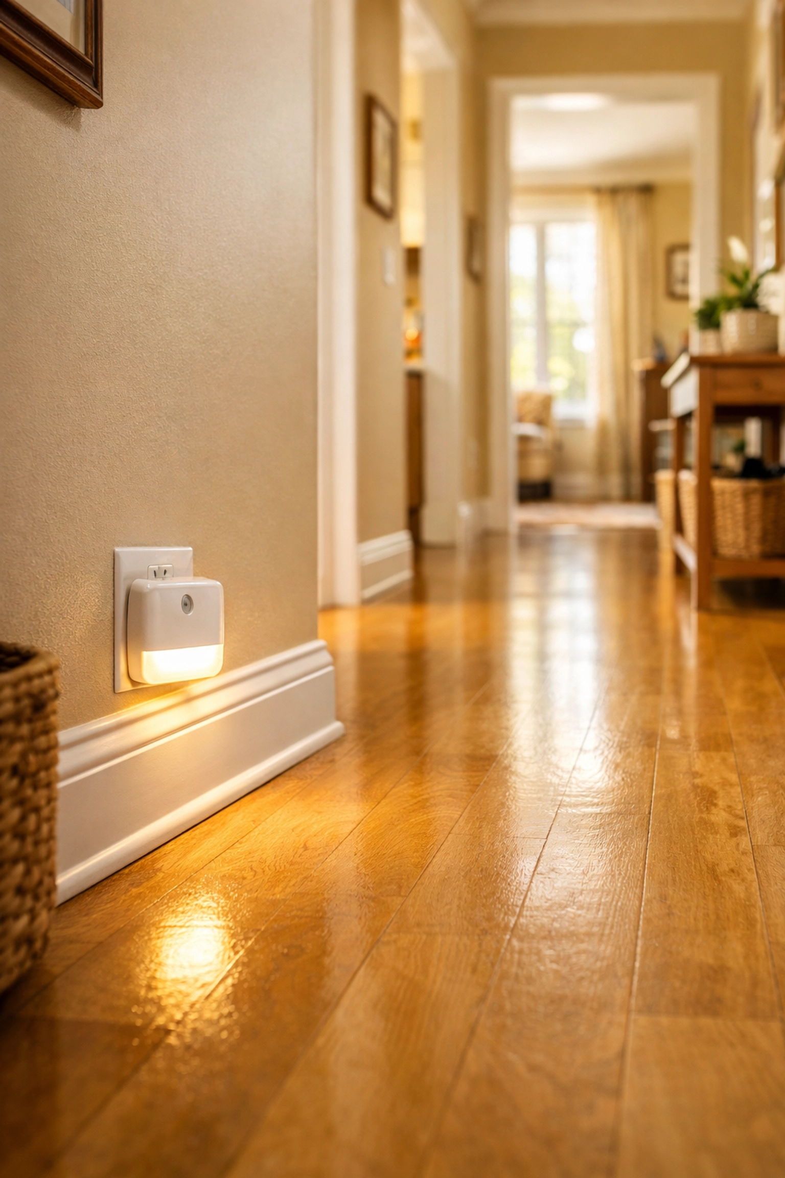A motion-sensor nightlight illuminates a clear, bright hallway to ensure senior home safety and prevent falls.