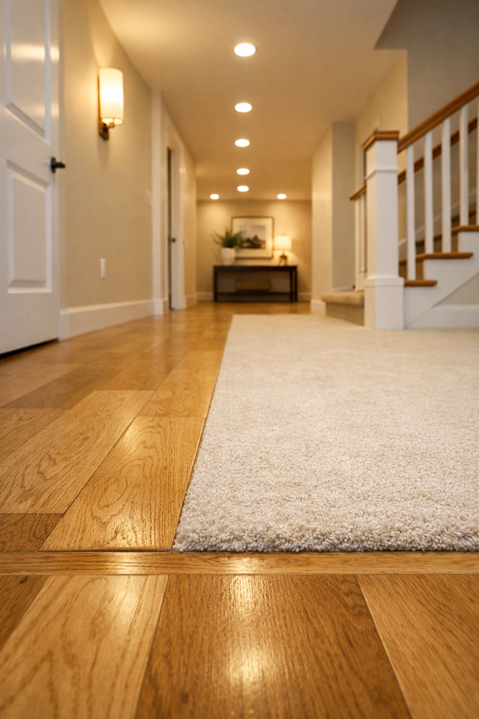 Brightly lit home interior showing a safe floor transition between hardwood and carpet.