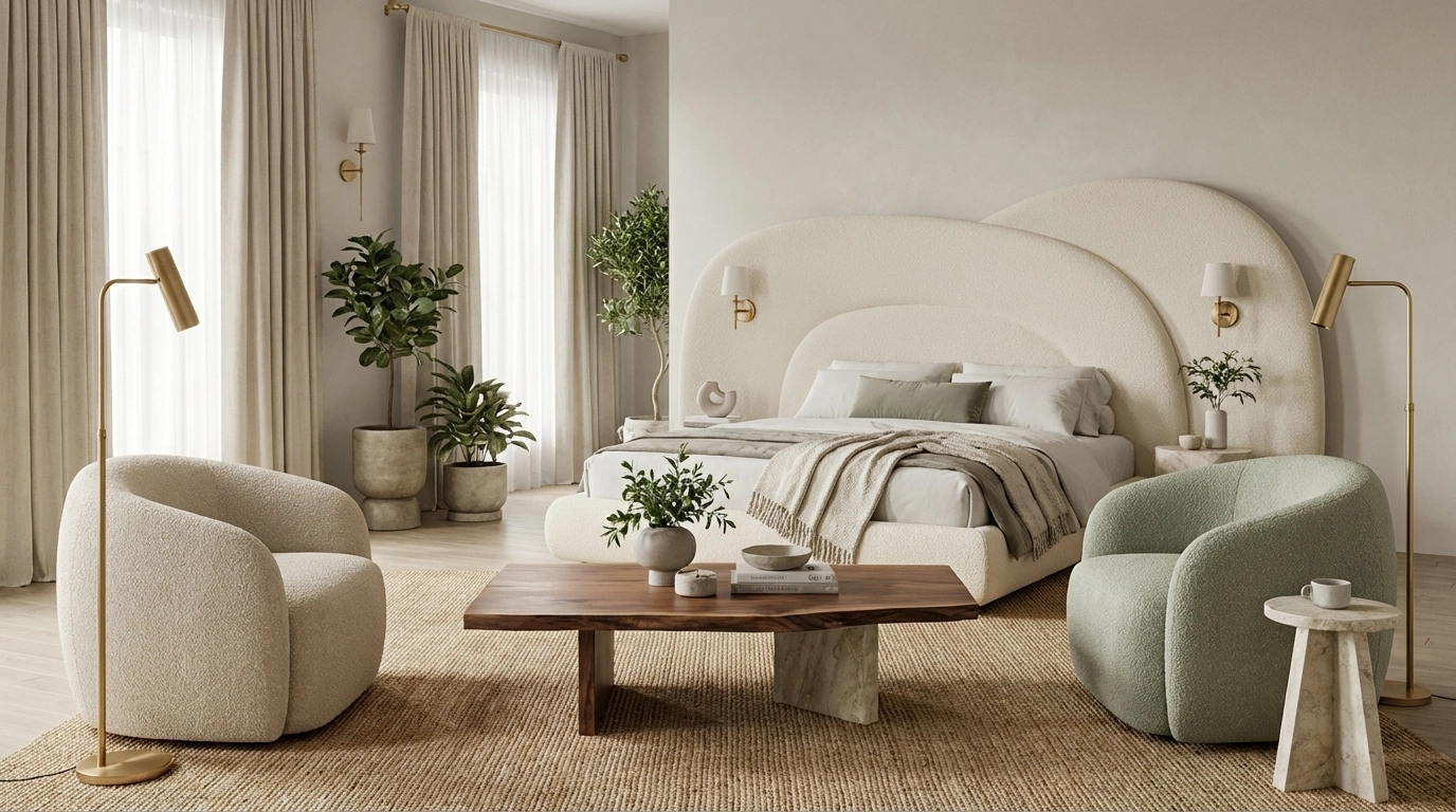 Kathy Kuo Home–style wellness-inspired luxury hotel suite with curved upholstered headboard, live-edge walnut table, boucle lounge chairs, brass lighting, and soft sage accents