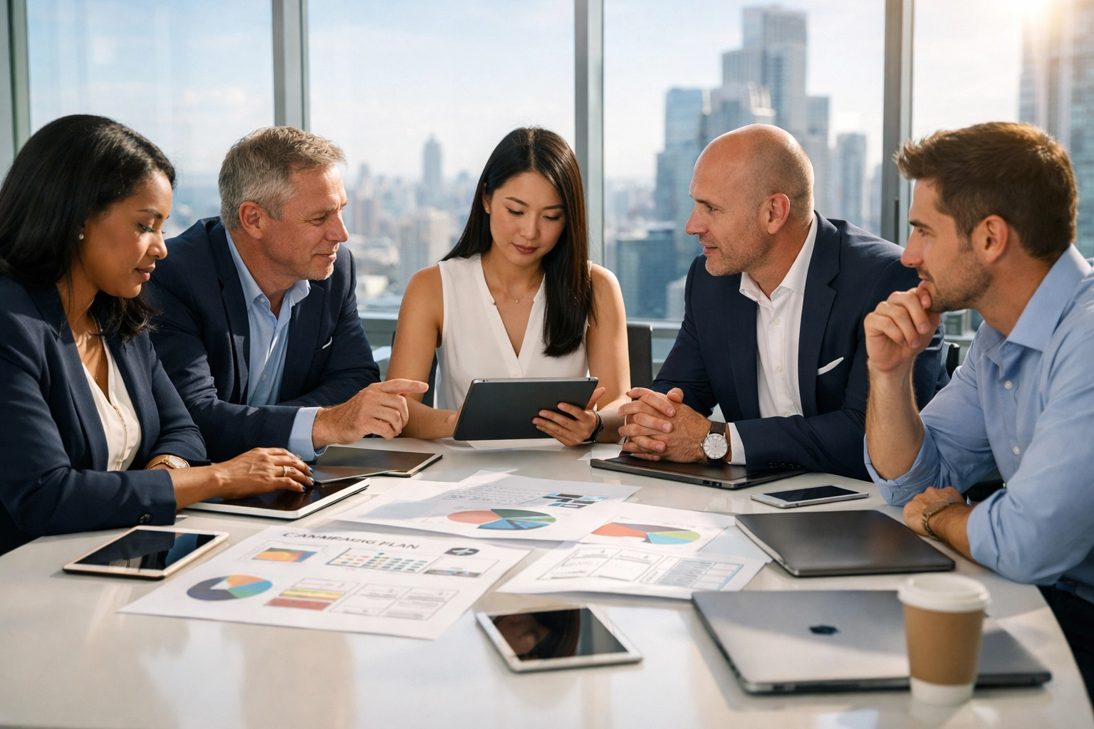 Corporate executives collaborating on a pre-game sports marketing strategy in a modern high-rise office.