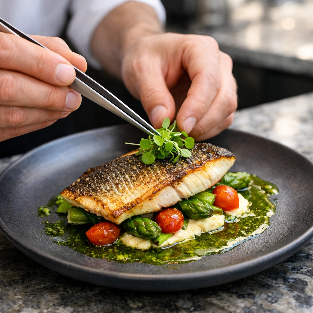 A private chef at home garnishing an infused gourmet dish for a high-end weed dinner party.